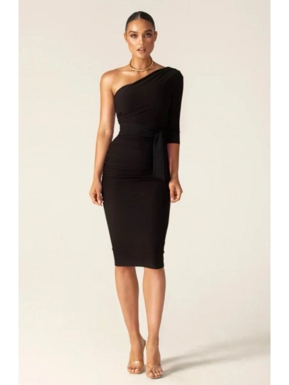 New Alieva Large One Shoulder Drape Front Midi Bodycon Dress Size Medium